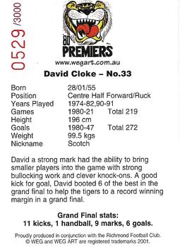 2001 Weg Art '80 Premiers #18 David Cloke Back